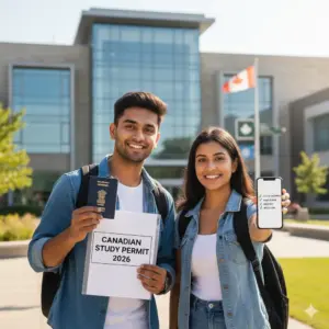 Two young Indian students standing happily outside a Canadian university campus, holding a passport and a folder labeled ‘Study Permit 2026’ while checking a document checklist on a phone.