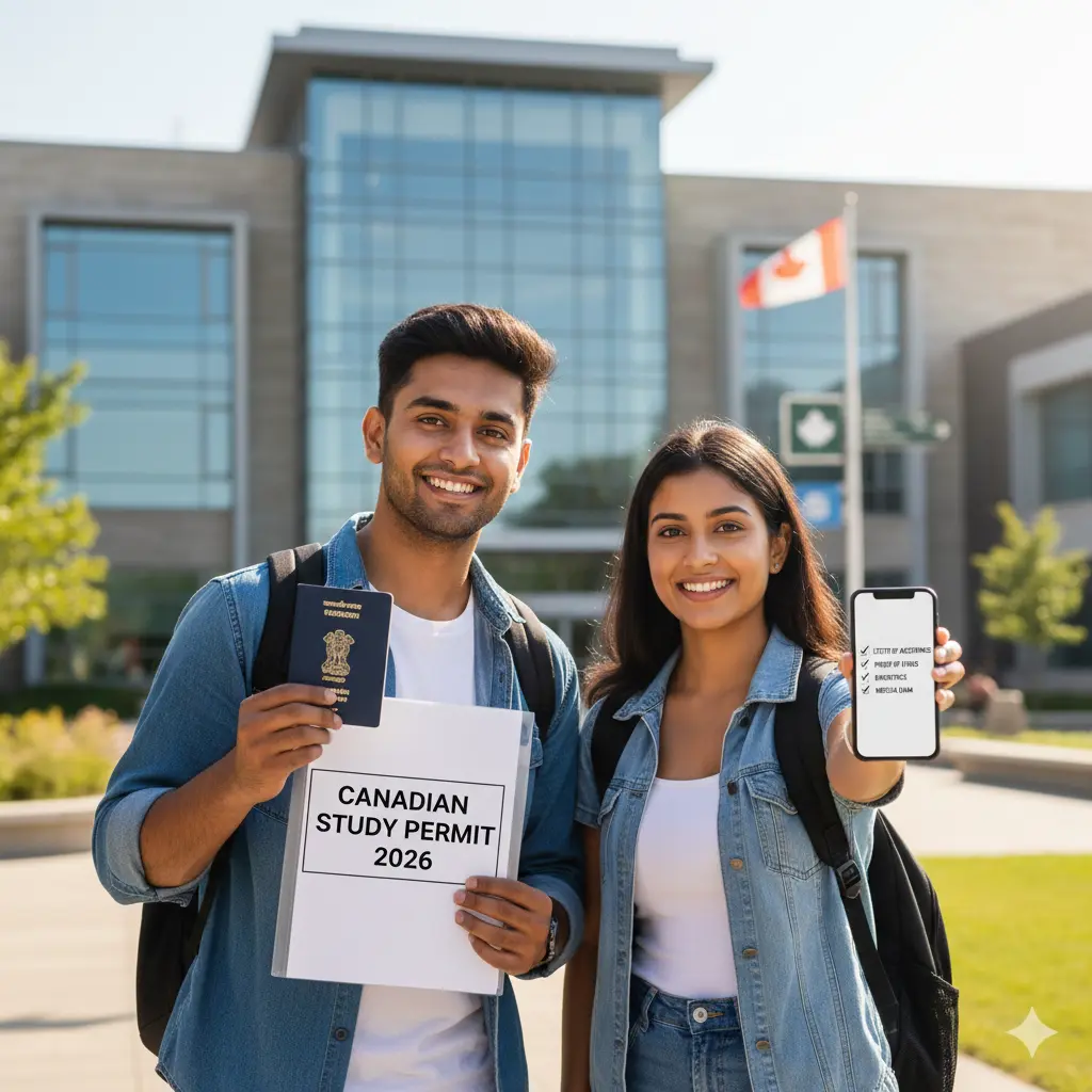 Two young Indian students standing happily outside a Canadian university campus, holding a passport and a folder labeled ‘Study Permit 2026’ while checking a document checklist on a phone.