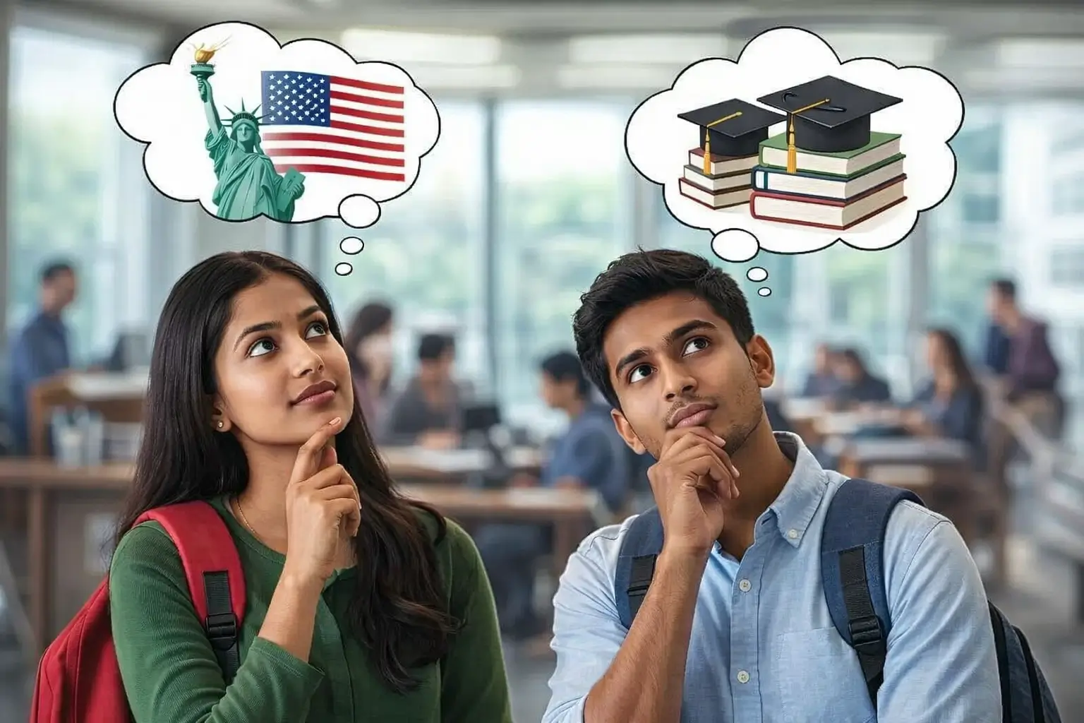 Two Indian students looking upward with thought bubbles showing the Statue of Liberty, the U.S. flag, and graduation caps on stacks of books.