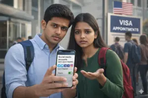 Two young Indian students looking worried outside a US visa appointment center, holding a phone showing a social media history requirement for their visa application.