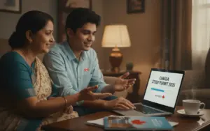 An Indian mother sitting with their college-age child at a laptop, reviewing the "Canada Study Permit 2026" application steps together in a warm, supportive home environment.
