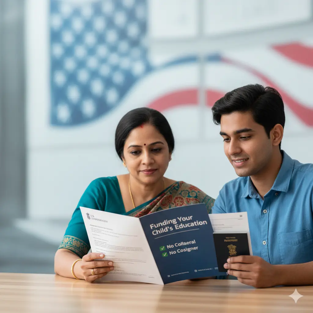 Indian parents and their student reviewing a guide titled "Funding Your Child’s U.S. Education," featuring "No Collateral" and "No Cosigner" loan options.