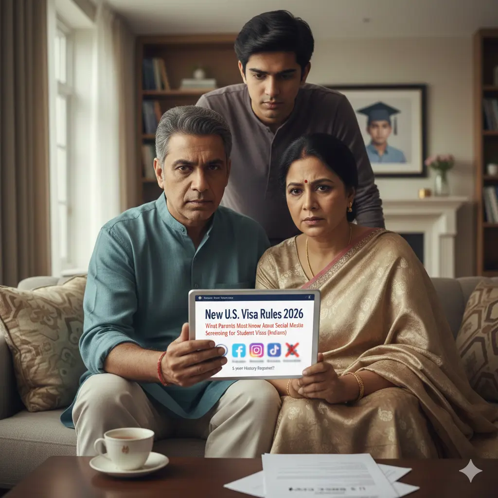 An Indian student and their concerned parents looking into the camera while holding a tablet showing the "Social Media History" requirement outside a U.S. Visa Appointment Center.